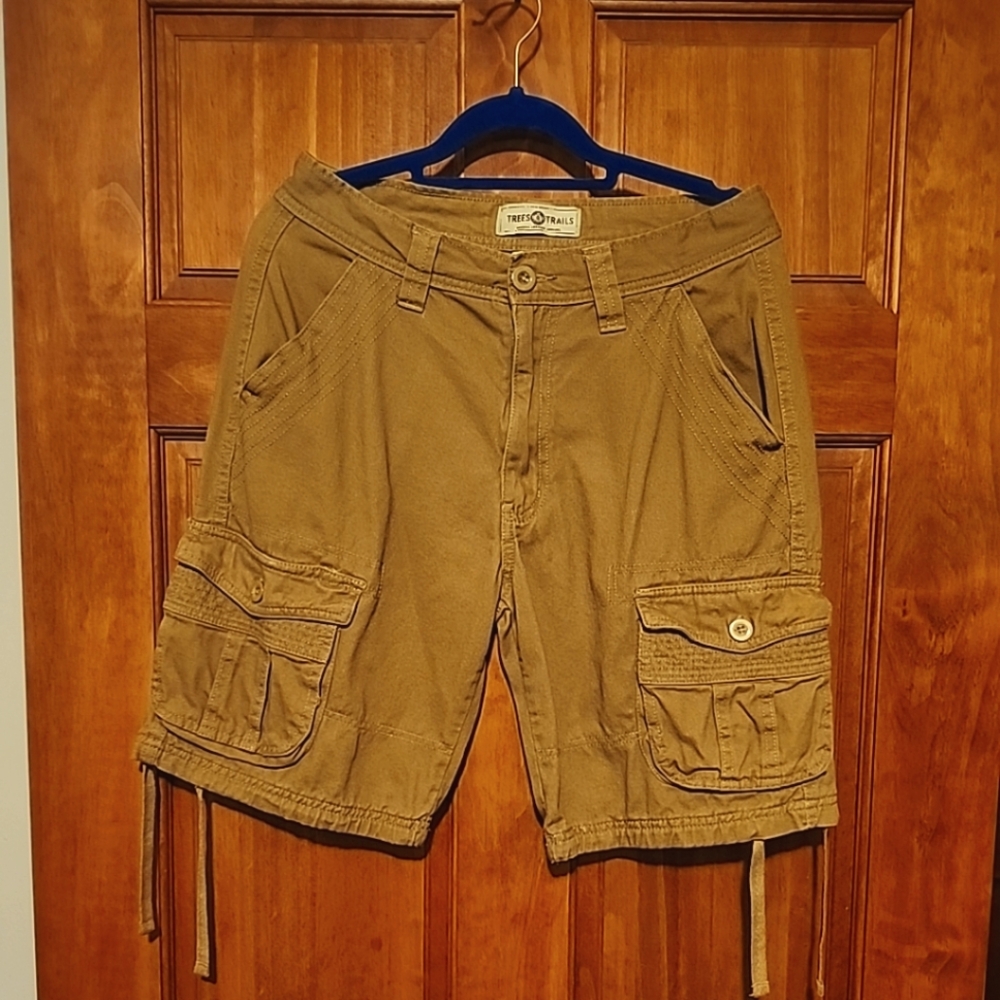 Tree Trails Tan Cargo Khaki Shorts With Lots Of Pockets, Drawstring Legs Sz 30